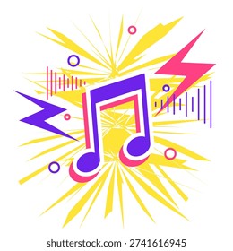 stylish purple music note with lightning bolt and sound waves background vector
