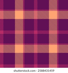 Stylish purple and peach plaid pattern. Perfect for textile design, backgrounds, apparel, and fallthemed projects.  This vibrant, geometric texture evokes feelings of warmth and comfort.