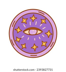 Stylish purple plate with third eye in center and yellow stars. Theme of spirituality and awareness. Kitchen utensils, tableware. Colorful vector isolated illustration hand drawn doodle icon clip art
