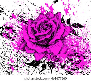 stylish purple rose with splash of ink and texture cracks, leaves, hand drawn, vector illustration, artistic background with flower