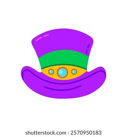 A stylish purple top hat with green and yellow details, decorated with gemstones for Mardi Gras carnival