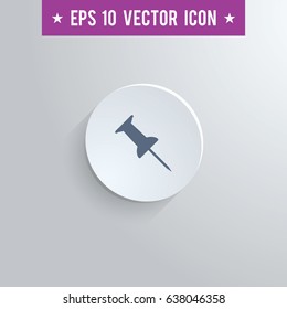 Stylish pushpin icon. Blue colored symbol on a white circle with shadow on a gray background. EPS10 with transparency.