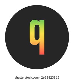 Stylish q Lowercase letter in gradient hues of green to red inside a solid black circle. Great for modern branding, tech logos, and digital art themes.