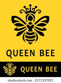 Stylish queen bee logo design with intricate crown details, golden background, and bold artistic lines