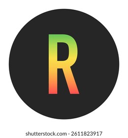 Stylish R Capital letter in gradient hues of green to red inside a solid black circle. Great for modern branding, tech logos, and digital art themes.