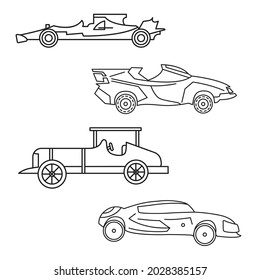 stylish and racing car set coloring book Hand-drawn Black and white vector illustration