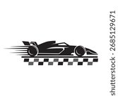 Stylish racing car silhouette vector illustration with motion lines and checkered flag background. Perfect for motorsport, automotive design, speed, and transportation concepts.