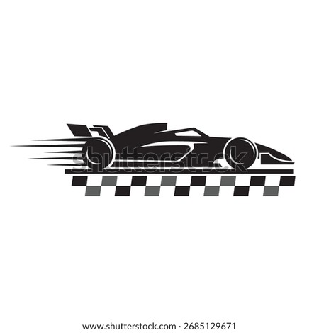 Stylish racing car silhouette vector illustration with motion lines and checkered flag background. Perfect for motorsport, automotive design, speed, and transportation concepts.