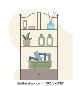 Stylish rack with cosmetics, home plant and aroma diffuser. Vector furniture for a bathroom.