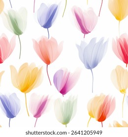 Stylish Rainbow Red Orange Yellow Green Blue Violet French Grey White Abstract Wild Tulip Flower Elegant Leaf Watercolor Scandinavian Design Seamless Pattern Wallpaper Pastel Fabric Background Vector