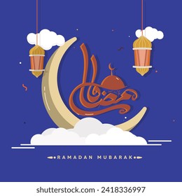 Stylish Ramadan Arabic Calligraphy with Mosque Dome and Crescent Moon, Hanging Lanterns on Cloudscape Purple Background. Islamic Festival Card or Poster Design.