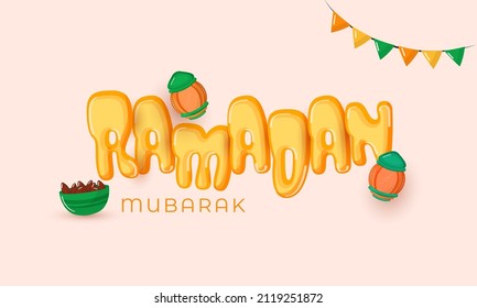 Stylish Ramadan Mubarak Font With Bowl Full Of Dates, Arabic Lanterns And Bunting Flags On Peach Background.