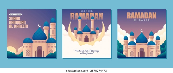 Stylish Ramadan templates showcasing majestic mosques, crescent moons, and calming hues. Perfect for digital greetings, social media posts, and festive announcements. Fully customizable for all uses.