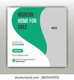 A stylish real estate banner showcasing a modern home for sale with asking price, call to action button, and contact info in a clean design layout.