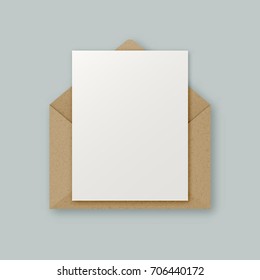 Stylish realistic brown kraft paper vector envelope with clean white letter paper sheet with copyspace for your design. Envelope email concept.