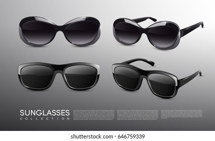Stylish realistic sunglasses collection with front and side views on gray background isolated vector illustration