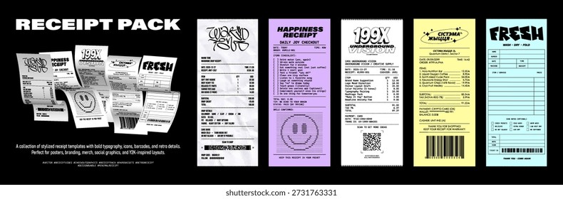 Plantillas de Comprobante con estilo: formularios, insertos, diseños de volantes. Perfecto para branding, merchandising, visuales. Bill Comprobante con Plantilla en estilo Y2K. Vector de billetes de papel. Traducción del Bielorruso: Sistema de Vida
