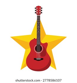 A stylish red acoustic guitar centered on a bright yellow five pointed star. This musical emblem represents fame, stardom, talent, performance, rock music and passion.