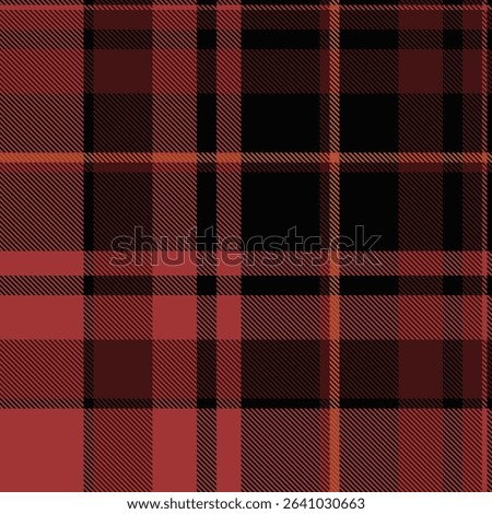 Stylish red, black, and orange plaid pattern.  Perfect for fall fashion, textile design, or website backgrounds.  This richly textured image evokes warmth and tradition.