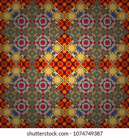 Stylish red, blue and yellow texture. Vector abstract geometric background. Seamless pattern with rhombus and polygons forming abstract wallpaper.