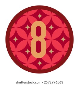 Stylish Red Circle with Floral Patterns and Central Gold Number 8 for Decorative Uses