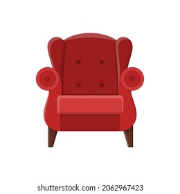 Stylish red comfortable armchair in flat style isolated on white background. Part of the interior of a living room or office. Soft furniture for rest and relaxation. Vector illustration