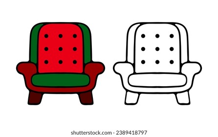 Stylish red comfortable armchair in flat cartoon style. Part of the interior of a living room or office. Isolated on white background