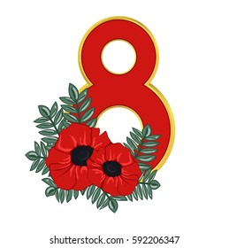 Stylish red and gold figure eight, decorated with red poppies and dark green leaves. Women's Day. Vector illustration, isolated on a white background.