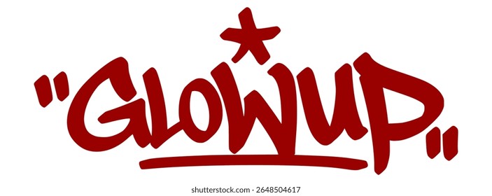Stylish red graffiti tag "Glow Up" with bright drip lines and transparent background. Slang for transformation, confidence, and self-growth.