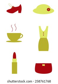 Stylish red and green woman objects isolated