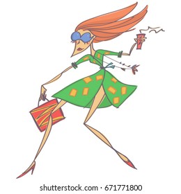 Stylish red hair woman walking with coffee, fashionable vector cartoon isolated
