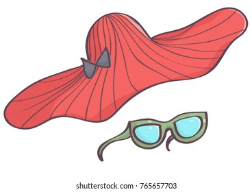 Stylish red hat with black bow and retro green sunglasses, isolated vector cartoon on white background