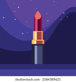 Stylish red lipstick on a bright space background with sparkling stars and a gradient 