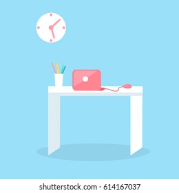 Stylish red notebook on white table with glass full of pencils isolated on blue background. Futuristic workspace vector illustration. White table with computer and stylish clock above the desk