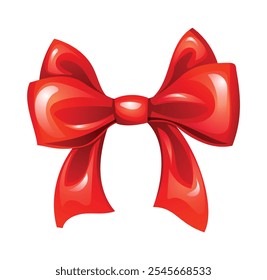 Stylish red ribbon bow with rounded loops, ideal for gifts or festive decor. Vector cartoon illustration