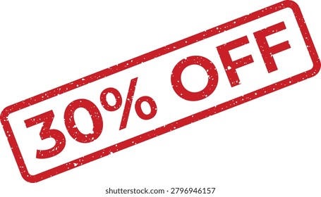 Stylish red rubber stamp effect with a textured finish highlighting a thirty percent price reduction for various commercial offers.