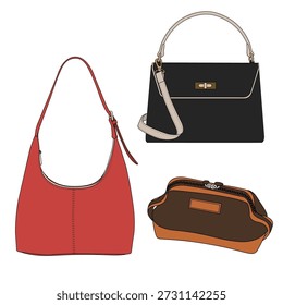 Stilvolle rote Schultertasche, schwarze Handtasche und braunes Reißverschlussbeutel Set für Alltagsmode und funktionelles Reisezubehör
