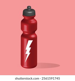 Stylish  Red Sipper Bottle with Energy Symbol. 3D illustration of a vibrant red sports sipper water bottle with a sleek black lid and a bold white lightning bolt design on the front. 