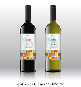 Stylish Red and White Wine Labels Set on the Realistic Vector Bottles. Modern Design with Contemporary Art Pattern and Hand Drawn Grapes Bunch with Typography. Isolated.