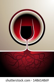 Stylish red wine icon with the glass depicted as the vine with the soil forming the stem of the glass with the roots visible below