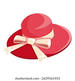 Stylish red womens hat with a cream-colored bow, flat graphic style, isolated on white background. Concept of fashion and accessories. Vector illustration