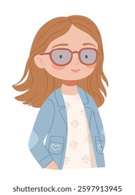 Stylish redhead girl in a spring denim jacket and rhinestones in glasses. Vintage pastel colors. Stylish child.