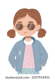 Stylish redhead girl in a spring denim jacket and rhinestones in glasses. Vintage pastel colors. Stylish child.