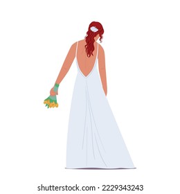 Stylish Redheaded Bride in Elegant Long Dress Rear View Isolated on White Background. Beautiful Romantic Lady in Fashioned Apparel, Girl Character Wedding Ceremony. Cartoon People Vector Illustration