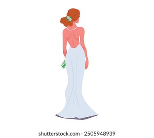 Stylish Redheaded Bride in Elegant Long Dress Rear View Isolated on White Background. Beautiful Romantic Lady in Fashioned Apparel, Girl Character Wedding Ceremony. Cartoon People Vector Illustration.