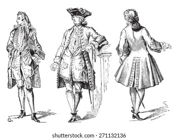 Stylish (Regency) court dress coat and city (1729), vintage engraved illustration. Industrial encyclopedia E.-O. Lami - 1875. 