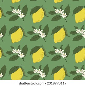 Stylish repeat pattern of lemons and lemon blossom against bright green background. Vibrant seamless surface design for printing on paper and textiles and for decoration.