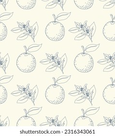 Stylish repeat pattern of oranges and orange blossom outlines. Vintage seamless surface design for printing on paper and textiles and for decoration. Vector stencil background in soft beige and blue.