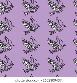 Um padrão repetitivo elegante com elegantes pássaros em voo, adornados com detalhes de folhas intrincados, situado contra um fundo de lavanda macia. Este design combina graça e charme, tornando-o ideal.