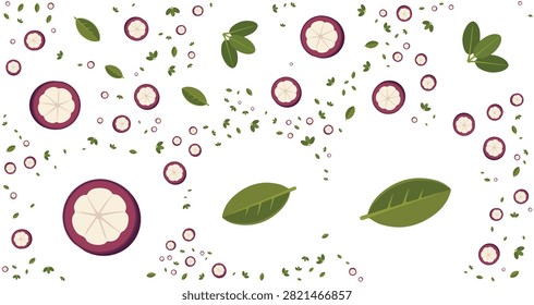 stylish repeating pattern featuring sliced purple mangosteen fruits green leaves and small decorative shapes on a clean white background